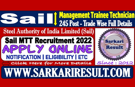 Sarkari Result Sail Management Trainee MTT Online Form 2022
